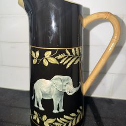 Vintage 2004 Macy's The Cellar Safari Elephant Ceramic Pitcher 10" Bamboo Handle Rare