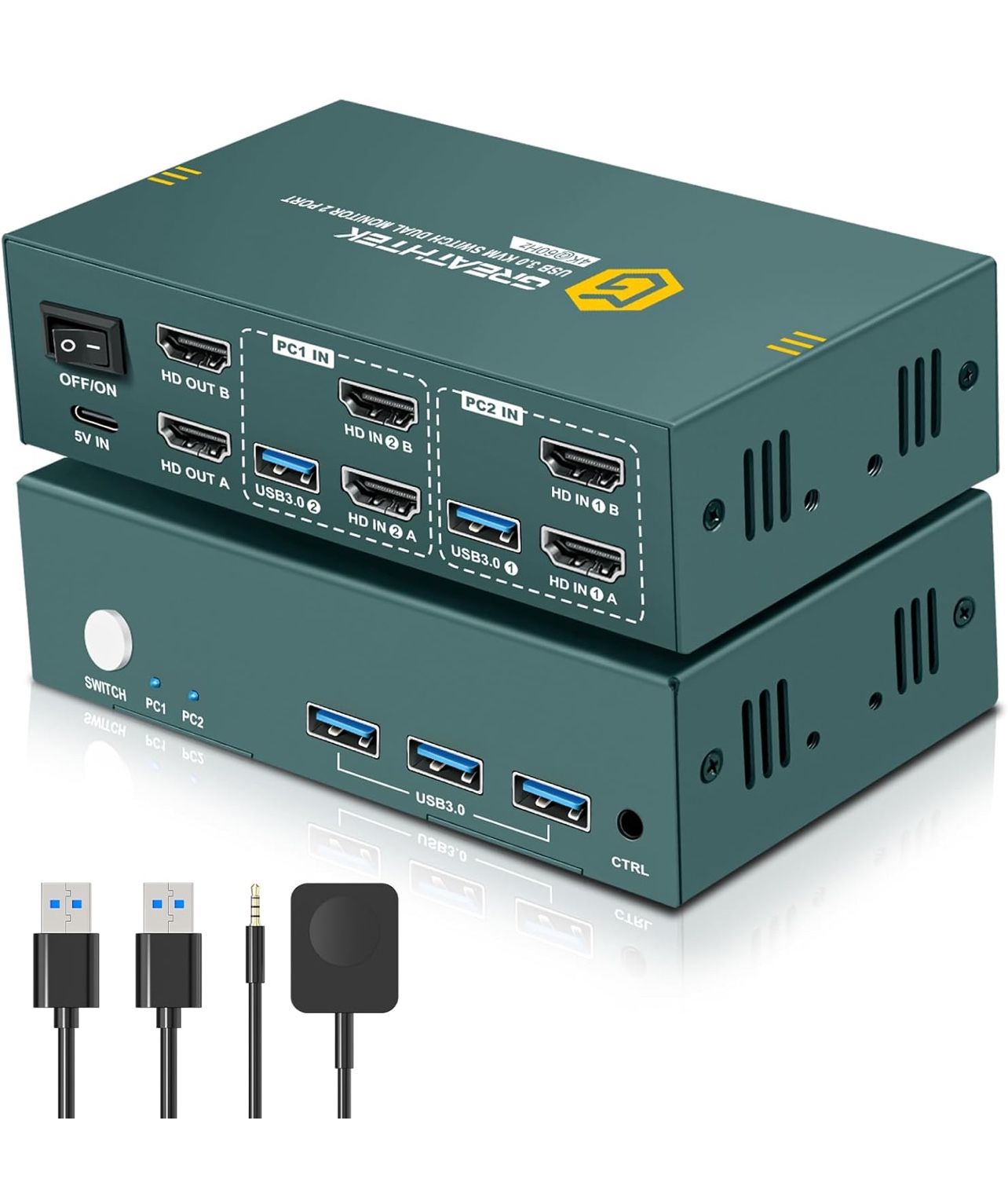 HDMI KVM Switch 2 Monitors 2 Computers 4K@60Hz, USB3.0 KVM Switch Dual Monitor with 3 USB 3.0 Ports Sharing Keyboard and Mouse, Printer/Scanner, Deskt