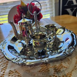 Vintage Silver 3 Piece Tea Set w/ Serving Tray