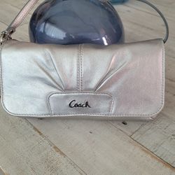 Coach,  Silver, Soft Pleated  Leather Small Wristlet Pouch Wallet. 