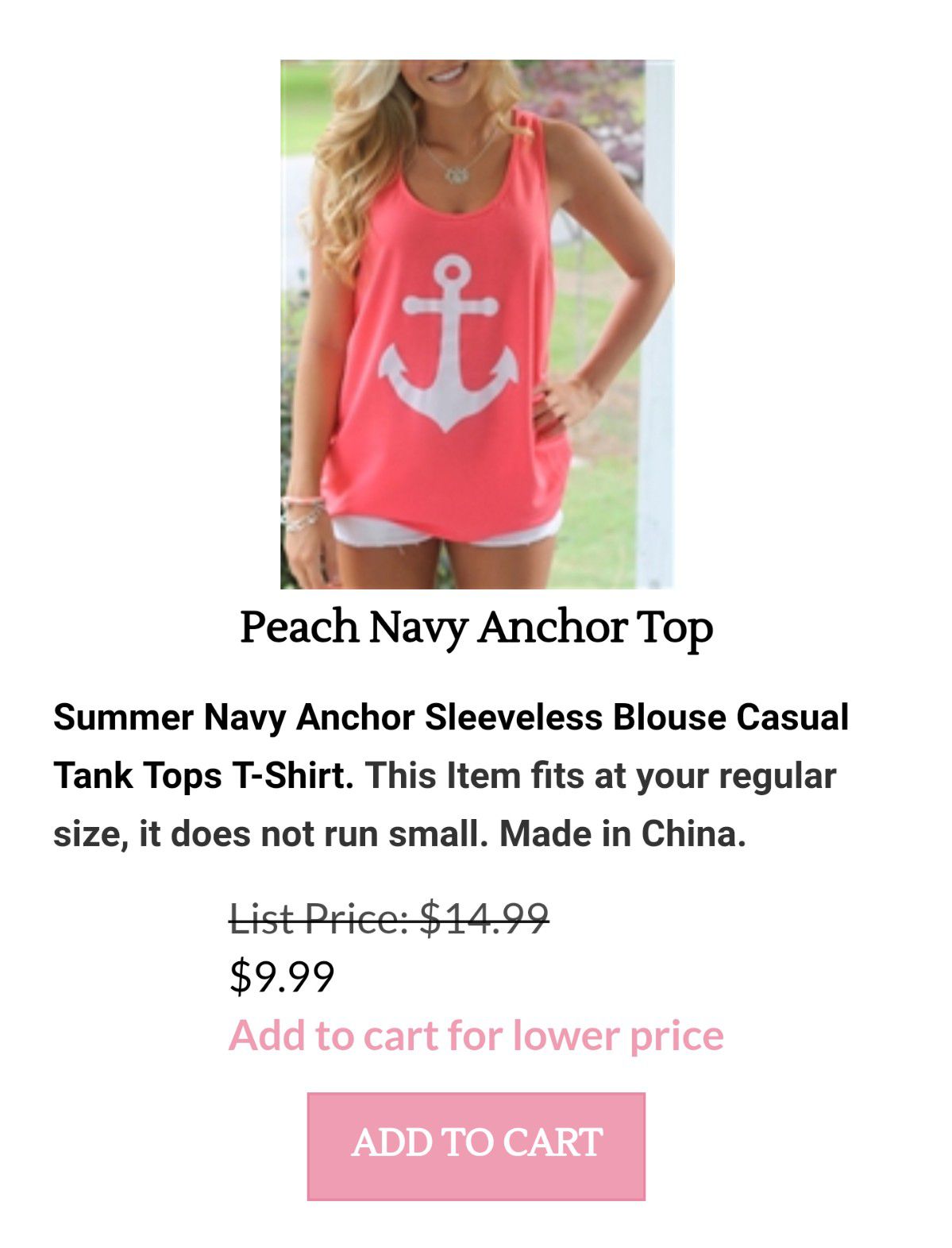 Peach anchor top available in small