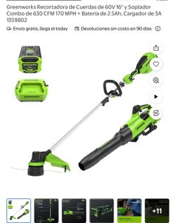 Greenworks Recortadora de Cuerdas de 60V 16" y Soplador Combo de 630 CFM