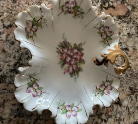 Vintage hand painted Porcelain, Gold trim Scalloped Candy or Nut dish, likely produced in Japan during the 1950s.