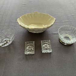 Serving Items, lot of 5, excellent condition.  Ceramic bowl 9” X 6” X 3”, glass bowl with metal handle 5” X 4” X  2”, glass round bowl 4 1/2” X 2 1/2”