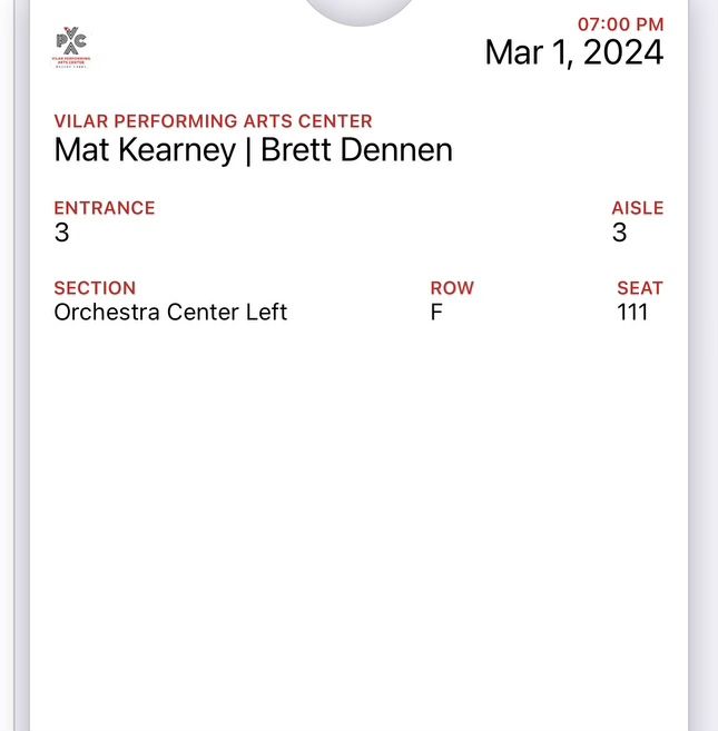 2 Tickets To Matt  Kearney Show Tonight In Beaver Creek 