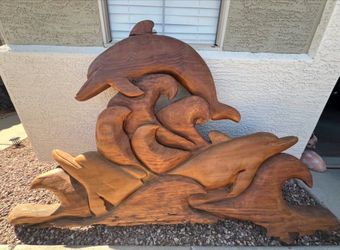 Massive 6.5ft Hand-Carved Solid Redwood Dolphin Wall Sculpture –Signed - $350