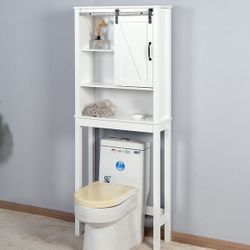 3-Tier White MDF Bathroom Toilet Cabinet with 1 Barn Door and 2 Adjustable Shelves
