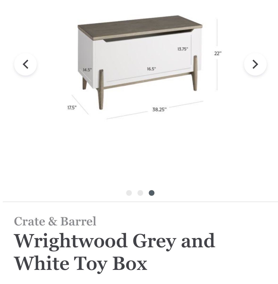 Crate & Barrel (Land of Nod) Grey & White Toy Box, Seat/Bench Top, Exc. Cond!