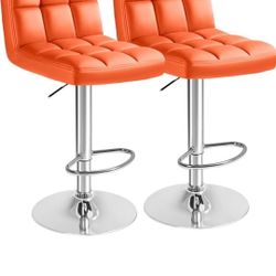 Bar Stools Modern Pu Leather Swivel Adjustable Hydraulic Bar Stool Square Counter Height Stool Set of 2 (Orange)