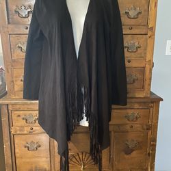 Woman’s Black Open Cardigan Sweater Fringed Edges Size M