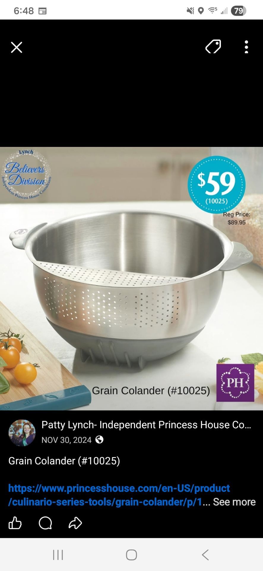 Princess House New Strainer Bowl