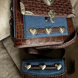 NWOT Unbranded Brighton Dupe Denim & Leather Multi-Compart Crossbody Handbag