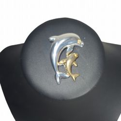 Dolphin Mama & Baby Rhinestone Eye Brooch Gold tone & Silver tone Pin 