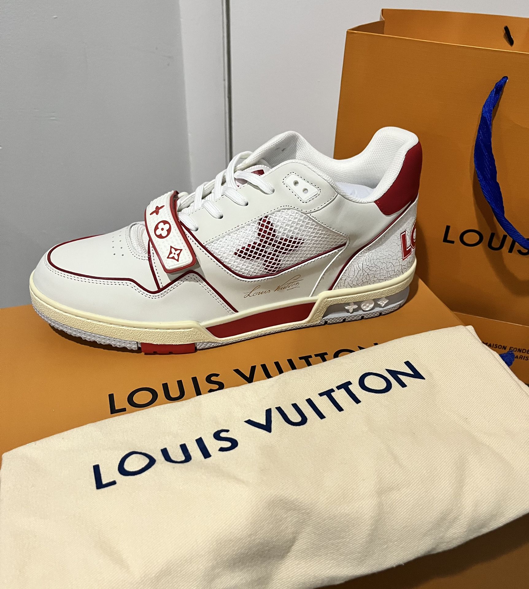 New Louis Vuitton RED/White Velcro strap Mono Trainer Sneakers (Size: EURO  46/MENS 11-12) for Sale in Valley Stream, NY - OfferUp