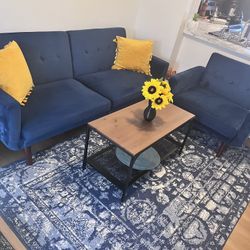 Blue velvet sofa set and Rug ( Need this gone as soon as possible) Low price for quick sell