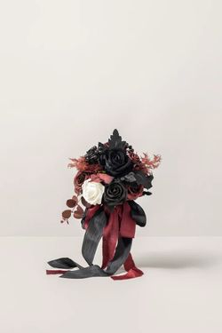Round black and burgundy bridesmaid bouquets