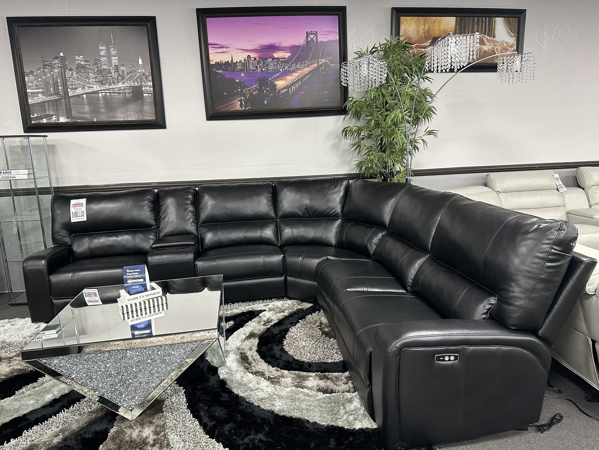 Black Leather Sofa Sectional 2x Recliners