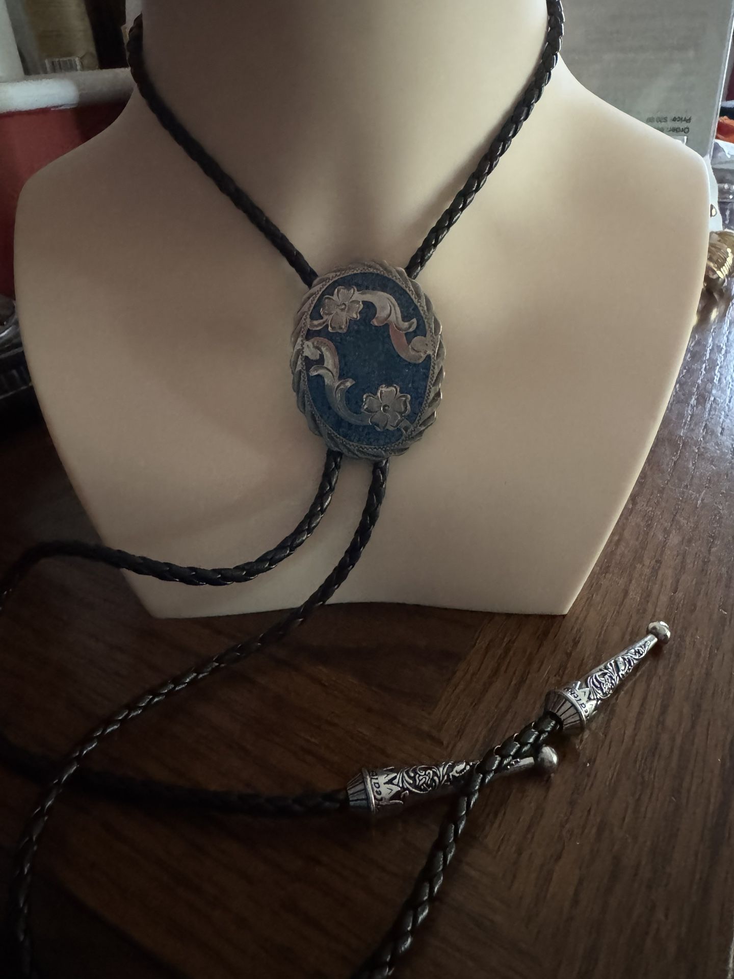 Vintage Alpaca Mexico Sterling & Inlaid Turquoise Bolo w/ Leather Tie  