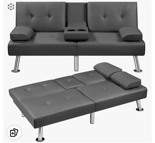 Convertible Sofa Bed Adjustable Couch Sleeper Modern Faux LeatherHome Recliner Reversible Loveseat Folding Daybed Guest Bed, Removable Armrests, Cup H