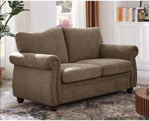 Nailhead Sofa, 66 Inch Small Chenille Couch with Rolled Arms,Light  Brown