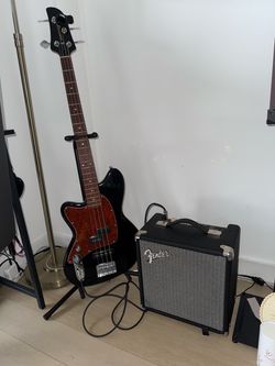Left handed Ibanez bass + Fender amp + cable + snark tuner + stand