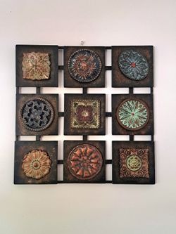 MCM Style Square Metal Wall Art Panel 19" Embossed Tiles Retro Bronze Verdigris