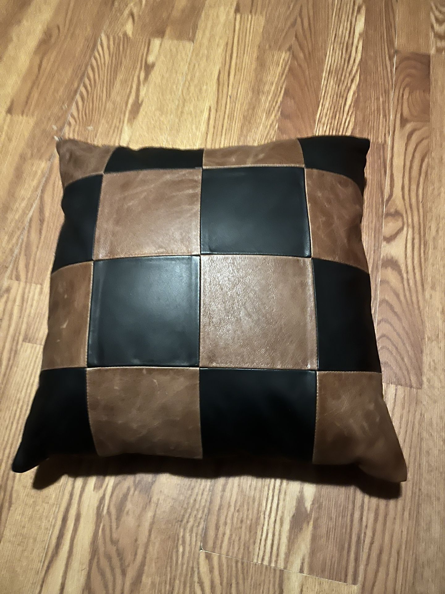 Azrah TradersLambskin Leather Pillow Cover - Sofa Cushion Case - Decorative Throw Covers for Living Room & Bedroom, 18x18 Inches - Check Camel & Black