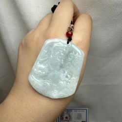 Certified Burma Jadeite Jade Engraved Guan Yu Pendant Cord Necklace 