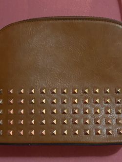 Brown Leather Studded Zip Pouch
