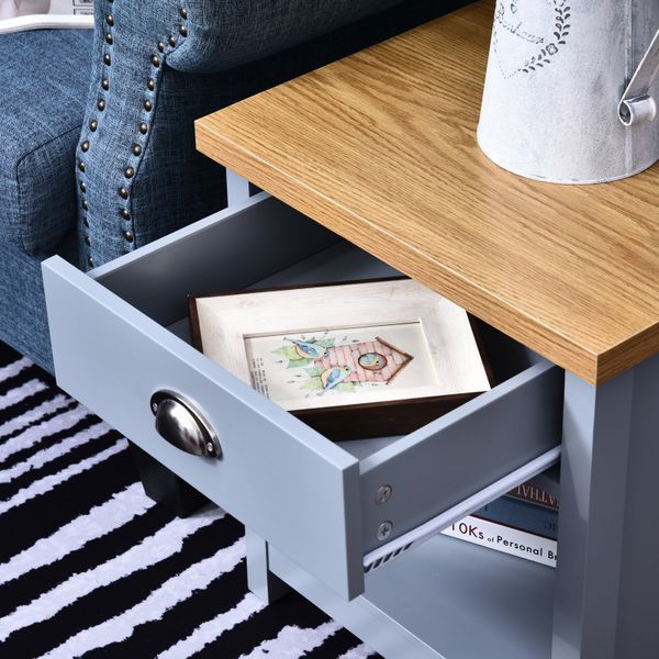 Wood Grain Small Space Nightstand Sofa Table Drawer Bottom Shelf Home - Grey