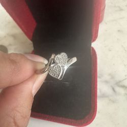 925 Sterling Silver Genuine Diamond Double Heart Ring , Size 7 , Marked 925 With A Symbol, See Photos , Very Nice Ring 