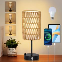 Touch Table Lamp For Bedroom with Bulb, Boho Small Desk Lamp For Living Room With Rattan & Linen Shade, 3 Way Dimmable Bedside Table Lamp For Nightsta