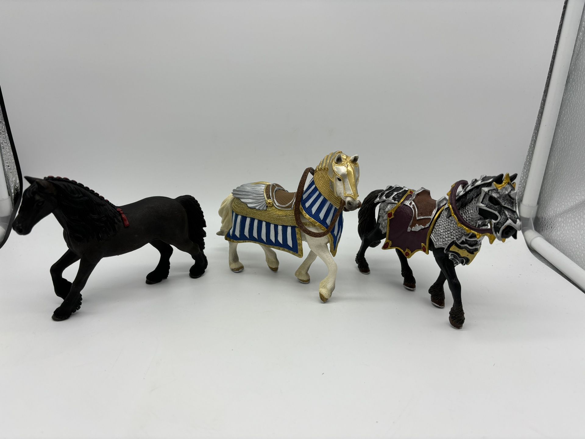 Schleich Horse Lot Of 3- Friesian Mare Horse W/ Red Ribbon + 2 Medieval Stallion
