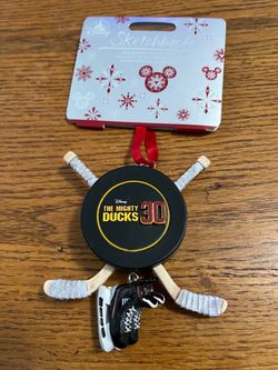 Disney Sketchbook The Mighty Ducks 30 Ornament. With hockey sticks and ice skating boots. Very cute. Brand new on original card. Smoke free home