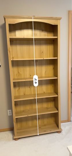 Solid Pine / Natural Wood 6-Shelf Bookcase with Crown Molding
