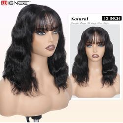 WIGNEE 4x4 Lace Human Hair Wig with Bangs Natural Wave 12 Inch 100% Brazilian  