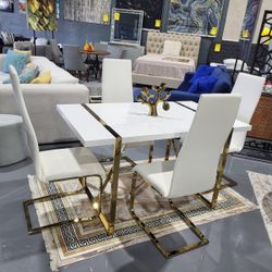 5 Piece Dining Table Set 55" White High-Gloss Lacquered Metal Frame,