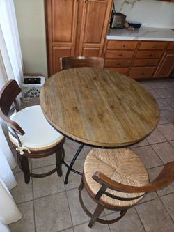 Round Wood And Metal Dining Table Set w/ 3 Chairs