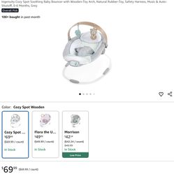 Ingenuity Cozy Spot Soothing Baby Bouncer With Wooden-Toy Arch, Natural Rubber-Toy, Safety Harness, Music & Auto-Shutoff, 0-6 Months, Grey