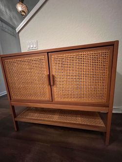 Wood and Cane Rattan Cabinet Sideboard