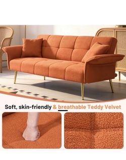 70" Futon Sofa Bed,Teddy Fleece Fabric Couch Bed,3 Gear Adjustable Backrest and Armrest, Comfy Sofa for Living Room, Bedroom (Orange) 150$