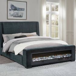 New King Bed Upholstered in Dark Blue Fabric with Electric Fireplace In Footboard! 