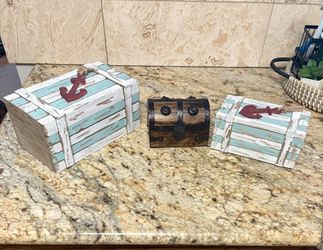 DecMode Teal Wood Decorative Box with Anchor/Nautical Cove Treasure Chest
