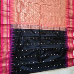 Beautiful Jet Black Pure Gadwal Silk Saree with Peach Pink Contrast Gold Zari Border & Blouse Piece