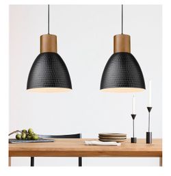 ELYONA 2 Pack Hammered Pendant Lights, 10.2” Industrial Metal Solid Wood Hanging Lamp, Modern Island Pendant Light Fixtures for Kitchen Bar, Farmhouse