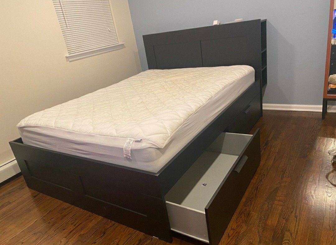 IKEA Black FULL Double Sz Size BEDFRAME Bed Frame, Matching Headboard & 4 UNDER Sliding Drawers Storage Clothes Organizer & Slats INCLUDED