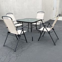 New $100 Patio 5pcs Dining Set with 32x32” Table and 4pc Folding Chairs, Outdoor Furniture 