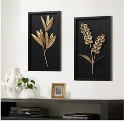 LuxenHome 2-Piece Flower Bouquet Wall Decor Set with Black Wood Backing 12"x16" Metal Abstract Wall Art, Black and Gold Wall Decor for Home, Living Ro