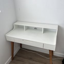 Modern White Desk with Storage & Monitor Shelf