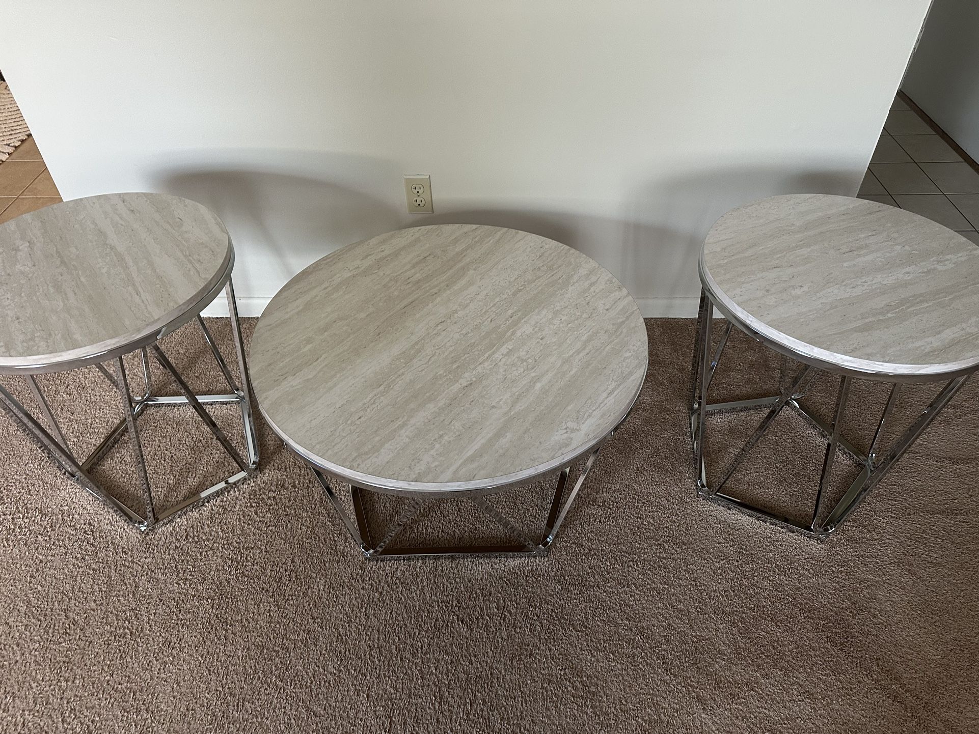3-Piece Coffee Table & End Tables Set – Modern Faux Marble with Chrome Base